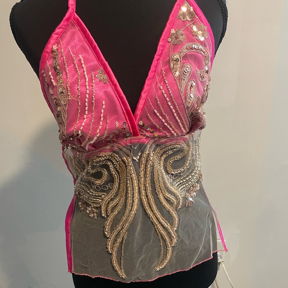 Hot Pink Sequin Embellished V-Neck Tank Top